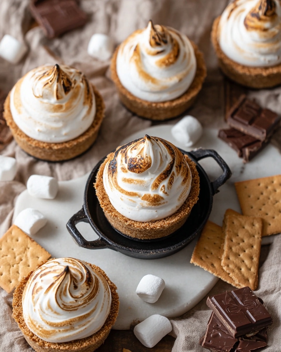 The image shows five small round tarts on a white marbled surface, each with three visible layers: a light brown crumbly crust forming the base, a smooth invisible filling inside the crust, and a tall swirl of toasted white meringue on top with light golden brown spots. The tarts are arranged around a small black skillet with a handle, and there are scattered rectangular pieces of beige graham crackers, white mini marshmallows, and dark brown chocolate bars near and on the skillet. The overall setting is rustic with a soft beige cloth underneath some items. Photo taken with an iphone --ar 4:5 --v 7