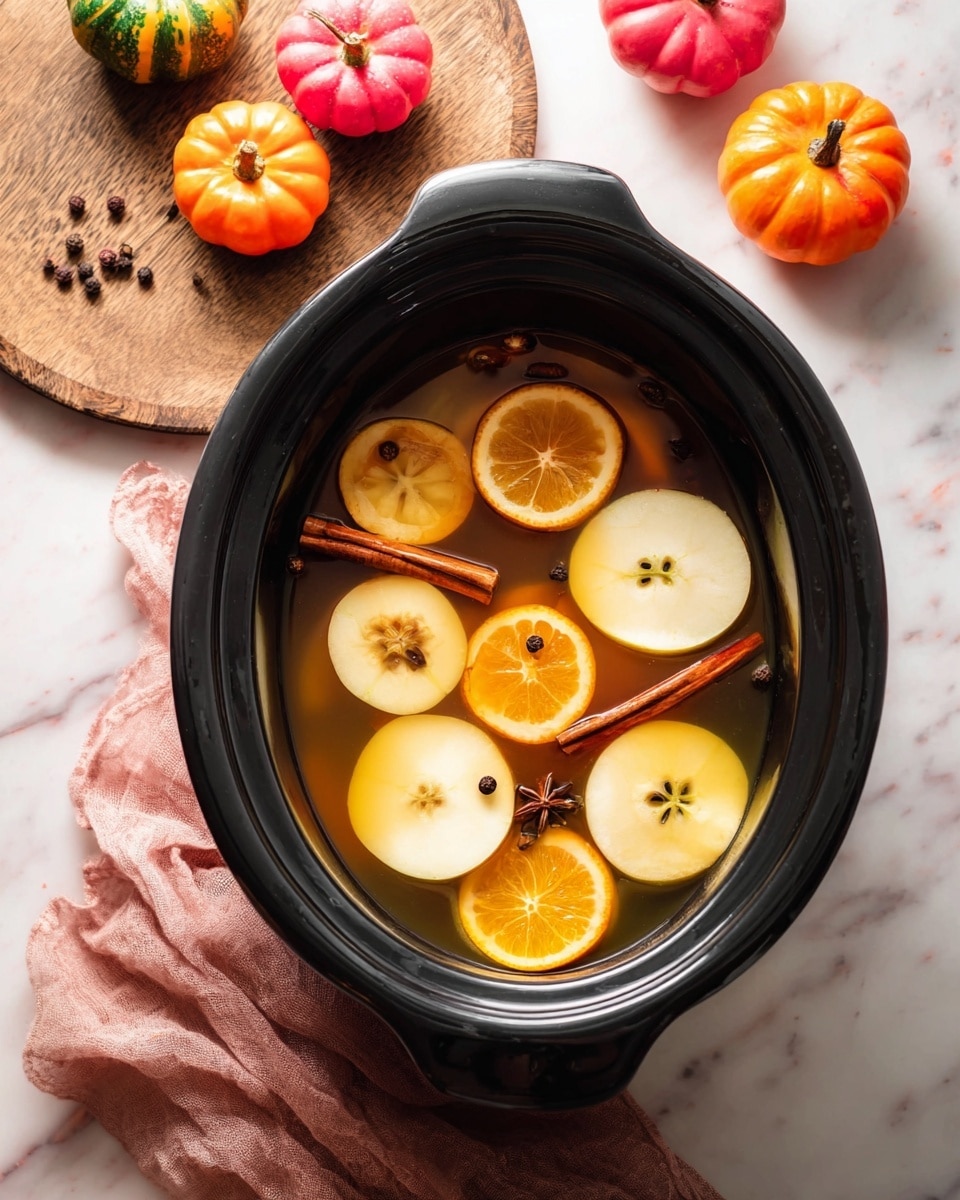 A black slow cooker filled with a warm drink showing floating layers of fruit and spices. The top layer has round orange slices with bright orange color and white pith, along with light yellow apple rings with a hollow center. Cinnamon sticks are placed vertically and diagonally inside the drink, with a warm brown texture, along with small round dark peppercorns scattered. The slow cooker sits on a white marbled surface with several small colorful pumpkin decorations and a wooden round coaster nearby. A soft pink cloth is partially visible under the cooker. Photo taken with an iphone --ar 4:5 --v 7