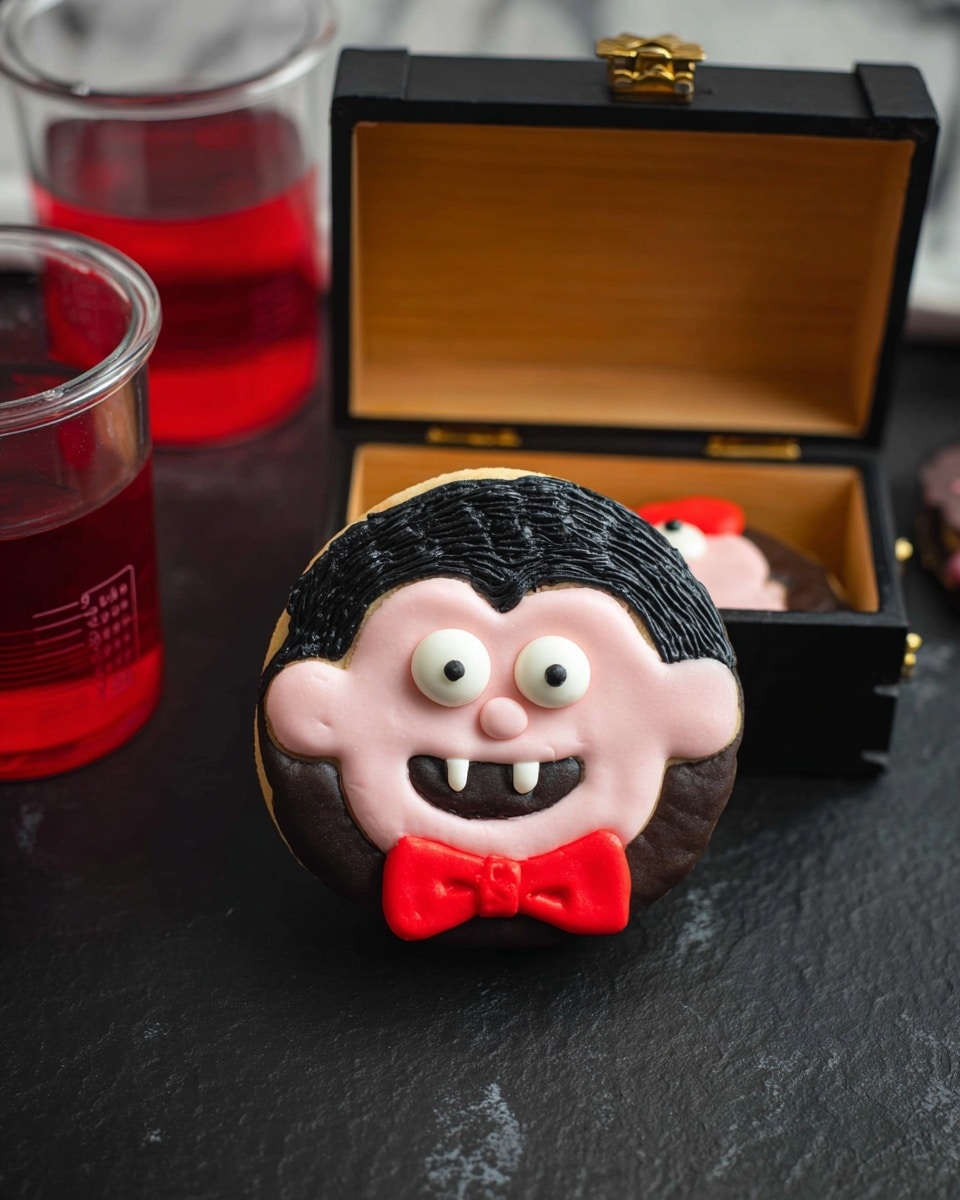The image shows a round cookie decorated to look like a smiling face. The cookie has three main layers: the base layer is dark brown, topped with a pale pink cream layer forming the face, and black icing forming the hair. The face includes white round eyes with small black dots, a small cream nose, a black smiling mouth with two small white fangs, and a bright red bow tie at the bottom. The cookie is placed in front of an open small wooden coffin-shaped box with black outside and natural wood inside. The scene also includes two clear measuring cups filled with red liquid in the background, all set on a dark surface with a white marbled texture behind. Photo taken with an iphone --ar 4:5 --v 7