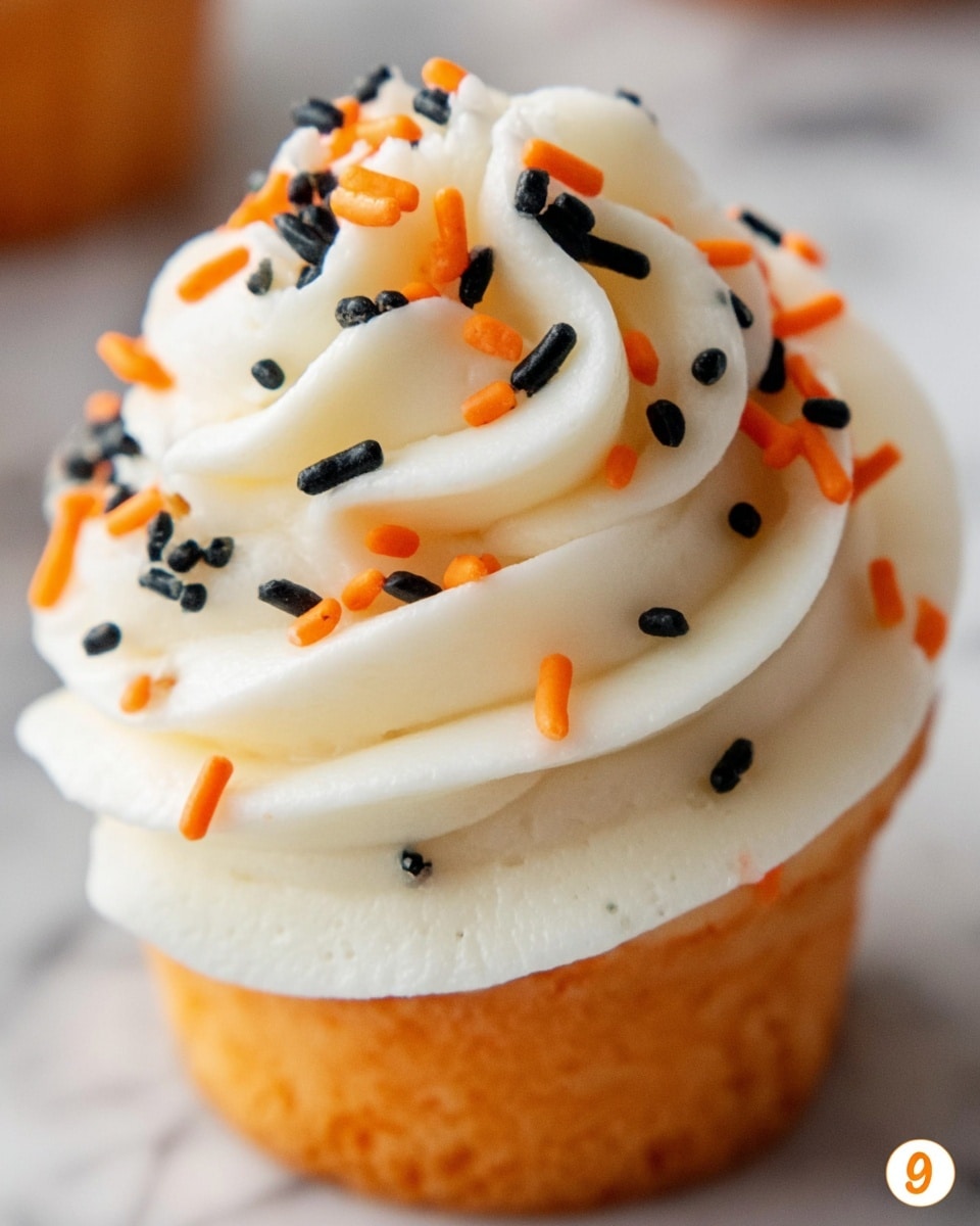 The image shows a close-up of a cupcake with three distinct layers. The bottom layer is dark brown and textured like a cookie or cake crust. The middle layer is a bright orange cake that looks soft and moist. The top layer is a tall swirl of white cream frosting with a smooth and fluffy texture, decorated with thin black and orange sprinkles scattered on and around the frosting. The cupcake is placed on a white marbled surface. Photo taken with an iphone --ar 4:5 --v 7