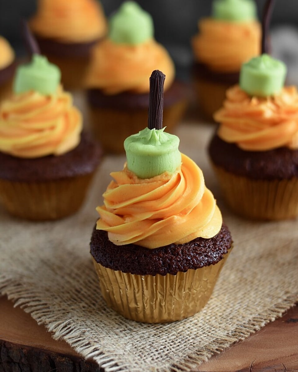 A small cupcake with a dark brown base in a gold paper liner. On top, there is a thick swirl of orange frosting with a soft, creamy texture. A mini chocolate cup filled with green frosting stands upright in the center of the orange swirl, with a thin dark stick inserted beside it. The cupcake is placed on a piece of coarse beige fabric over a round wooden surface, with other similar cupcakes blurred in the background. Photo taken with an iphone --ar 4:5 --v 7