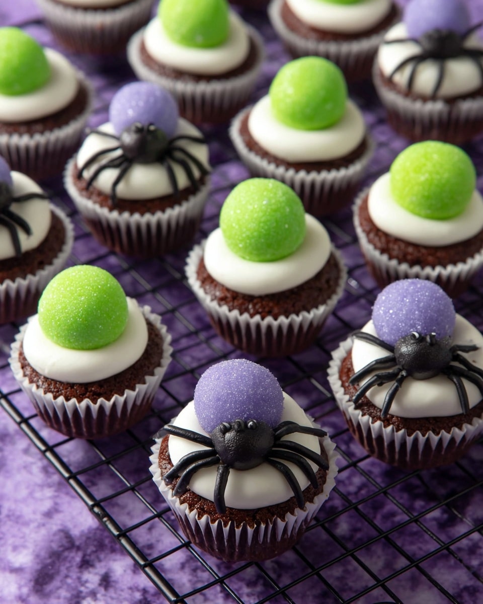 The image shows many small cupcakes in white cupcake liners, each with three clear layers: the bottom layer is a dark brown chocolate cake, the middle layer is smooth white frosting covering the cake about halfway up, and the top layer has a round sugar-covered ball in bright green or light purple sitting on the frosting near the back top edge. Next to the ball on the frosting is a dark brown chocolate candy shaped like a small spider body, with black icing legs extending outward, creating a spider decoration. The cupcakes are arranged on a black wire cooling rack placed on a white marbled surface with a purple background visible under the rack. Photo taken with an iphone --ar 4:5 --v 7