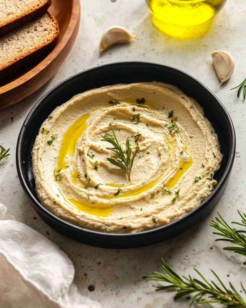 A black round shallow bowl filled with one thick creamy layer of beige hummus with green herb flecks, spread smoothly with visible swirl marks on top, drizzled with golden olive oil in small pools and topped with one small green sprig of rosemary centered. The bowl sits on a white marbled surface with some rosemary sprigs and garlic cloves scattered nearby, and a white cloth in the corner. In the background, a wooden plate with two slices of brown bread is partially visible along with a glass container of yellow oil. Photo taken with an iphone --ar 4:5 --v 7