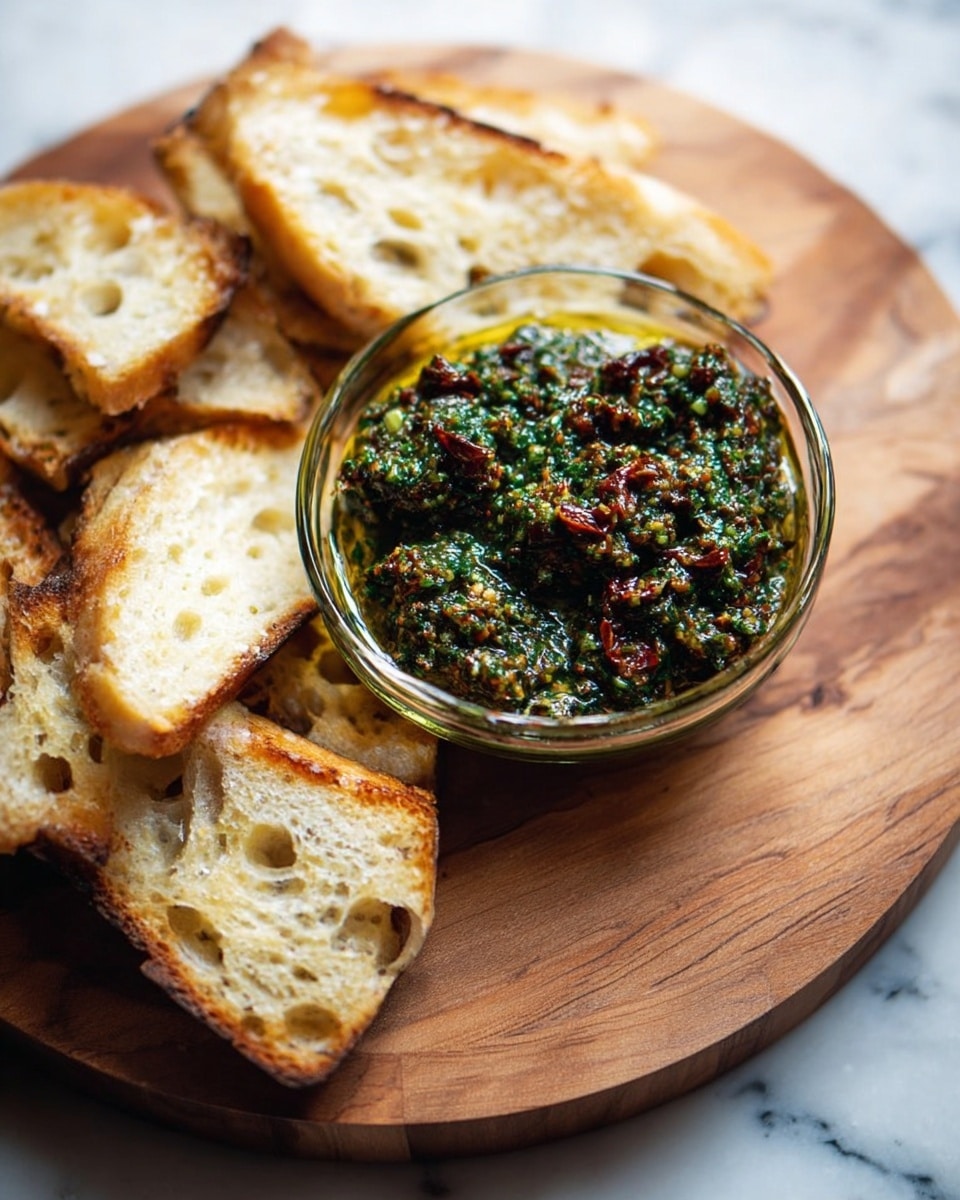 A small clear glass bowl is filled with a chunky green sauce that has visible bits of herbs and possibly sun-dried tomatoes, giving it a mix of dark green and reddish brown colors with an oily shine on top. The bowl sits in the center of a round wooden board with a light brown color and visible grain patterns. Surrounding the bowl are several unevenly shaped toasted bread slices, pale inside with a light golden-brown crust, showing holes and airy texture inside. The wooden board rests on a white marbled surface. photo taken with an iphone --ar 4:5 --v 7