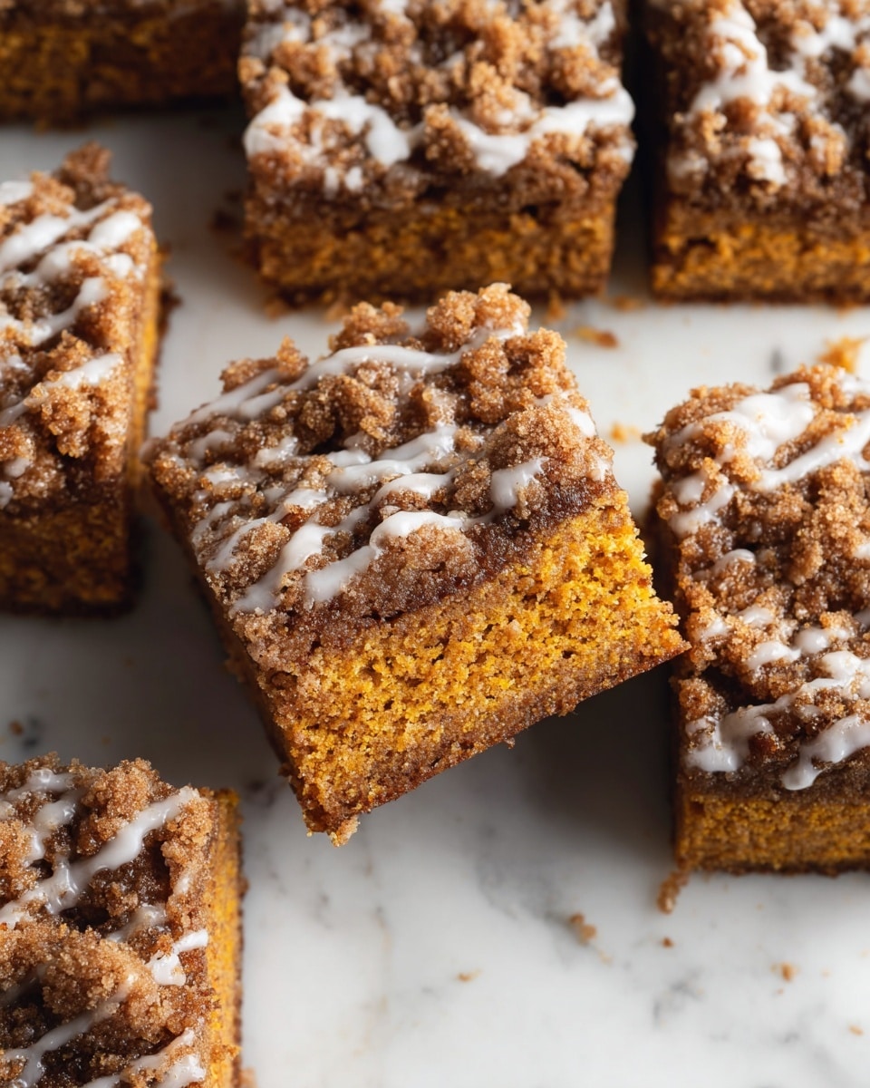 The image shows nine square pieces of crumb cake arranged on white parchment paper on a black cooling rack. Each piece has two layers: a thick, soft golden brown base, with a rough, crumbly dark brown topping that looks crunchy. White glaze is drizzled unevenly on top of the crumb layer, adding a shiny texture. The setup sits on a white marbled surface, and parts of a glass and a utensil are visible around the cake. photo taken with an iphone --ar 4:5 --v 7
