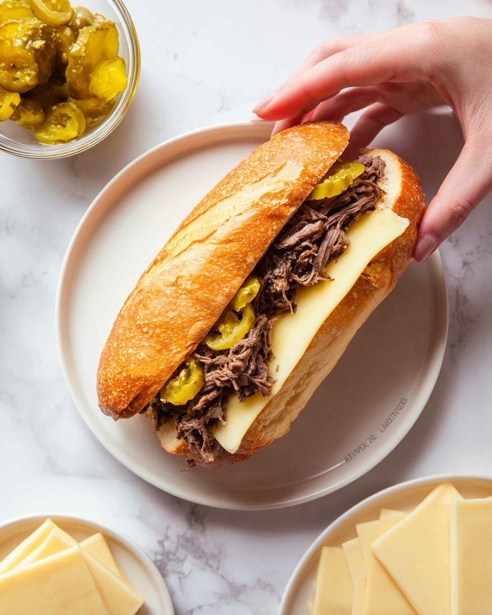 A woman's hand is holding a sandwich made of a toasted, golden-brown hoagie roll sliced open horizontally. Inside, there is a layer of shredded dark brown meat topped with bright yellow-green pickled pepper slices, and under the meat is a single slice of pale yellow cheese. The sandwich is placed above a plain white round plate set on a white marbled surface. Nearby, there is a small clear bowl with more yellow-green pickled peppers and a stack of round pale yellow cheese slices. Photo taken with an iphone --ar 4:5 --v 7