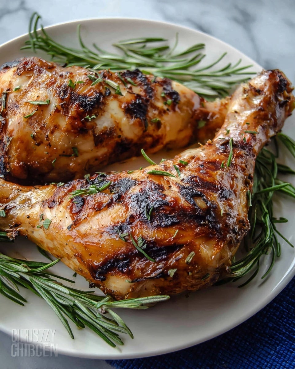 The image shows two grilled chicken legs with a golden brown and slightly charred skin, placed close together. The chicken is garnished with small green rosemary leaves scattered on top. The chicken legs are on a white plate with fresh green rosemary sprigs around the edges. The background surface is a white marbled texture. Photo taken with an iphone --ar 4:5 --v 7
