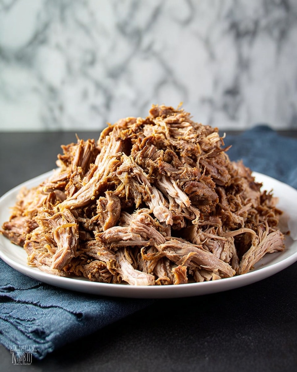 A large white plate is filled with a mound of shredded cooked meat piled high at the center. The meat has a mix of light and dark brown shades, showing the texture of tender strands and small chunks. The plate sits on a dark surface with a white marbled background behind. A folded blue cloth napkin is partially visible next to the plate. photo taken with an iphone --ar 4:5 --v 7