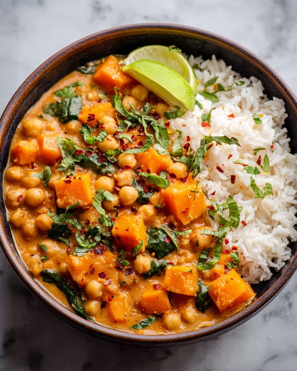 A brown bowl filled with two main layers is shown on a white marbled surface. The bottom layer on the right side is plain white rice with fluffy texture. The top layer, covering most of the bowl, is a creamy orange stew made of chickpeas and chunky butternut squash pieces. The stew is thick with a smooth texture and is dotted with fresh green basil leaves and small red chili flakes. A wedge of lime rests near the top edge of the bowl, adding a fresh touch. The overall look is warm and colorful with a mix of orange, white, green, and red tones photo taken with an iphone --ar 4:5 --v 7