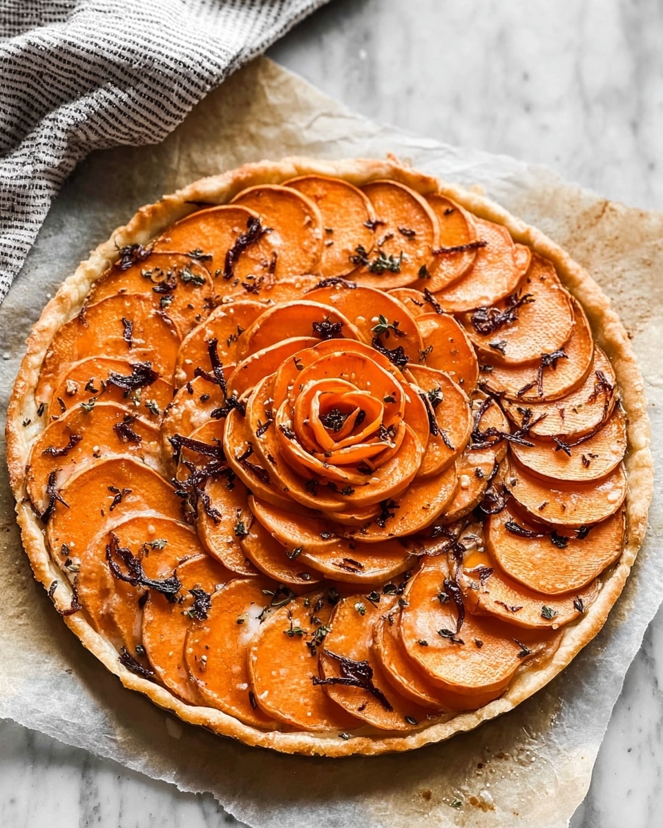 The dish shows a round tart with three layers of thinly sliced orange sweet potatoes arranged in concentric circles on top of a golden crust. The outer layer has larger slices placed close together in a neat ring, the middle layer has slightly smaller pieces overlapping like petals moving inward, and the center layer forms a tight spiral of even smaller slices. The sweet potato is sprinkled with small bits of dark caramelized onions or herbs that add texture and color contrast. The tart rests on a piece of parchment paper over a white marbled surface with part of a striped cloth visible in the top left corner. photo taken with an iphone --ar 4:5 --v 7
