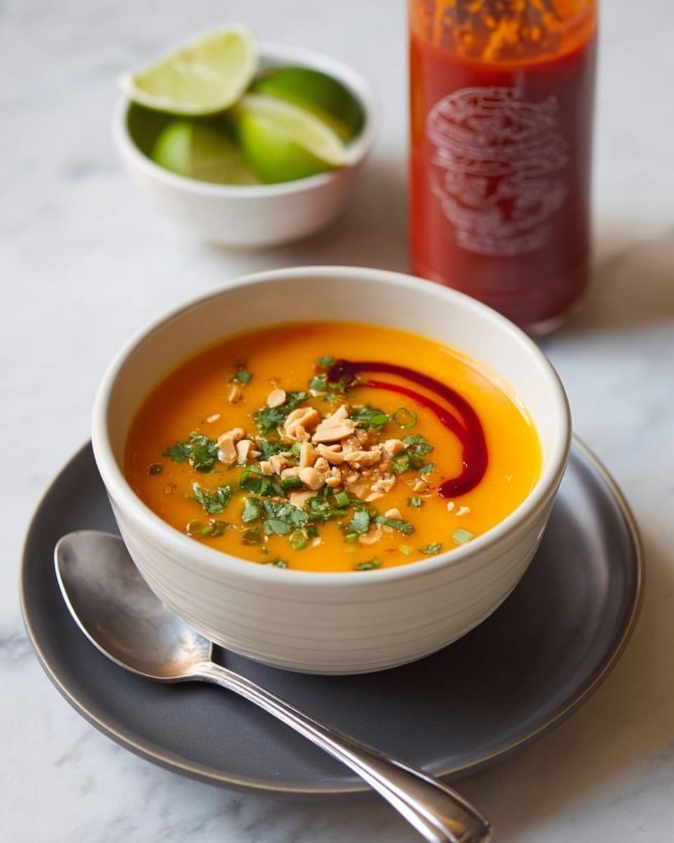 A white bowl filled with a bright orange soup forms the first layer, smooth in texture and topped with chopped green herbs and small bits of crushed peanuts scattered on the surface, adding texture and color. A swirl of deep red sauce is drizzled over one side of the soup. The bowl sits on a dark gray plate, with a silver spoon resting on the left side of the plate. In the background, there is a white bowl with green lime wedges and a blurred red sauce bottle standing upright. The entire scene is set on a white marbled texture surface. Photo taken with an iphone --ar 4:5 --v 7