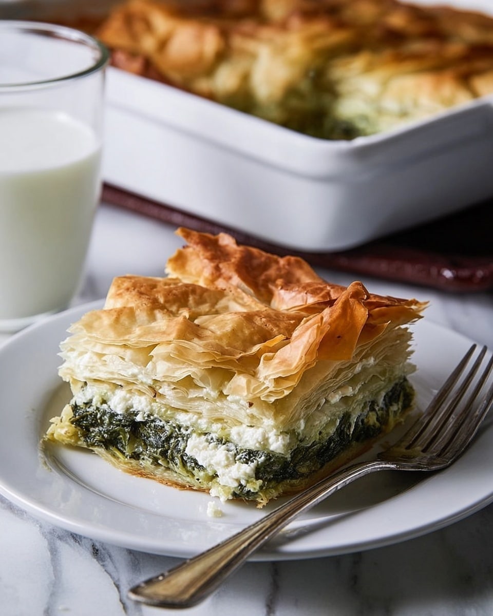 A slice of layered spinach and cheese pie sits on a white plate with a silver fork beside it. The pie has about five visible layers: the top layer is golden brown and crispy with uneven crinkles, below that are layers of soft, pale pastry mixed with creamy white cheese, and dark green spinach filling clearly visible near the bottom. The edges of the pastry are browned and slightly folded. In the background, there is a white baking dish filled with more pie, and a glass of white milk on a white marbled surface. The overall look is warm and homemade. Photo taken with an iphone --ar 4:5 --v 7