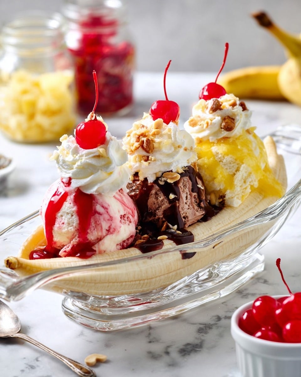 A clear glass boat-shaped dish holds a banana split, with a large peeled banana lying flat as the base layer. On top, there are three scoops of ice cream: the left is strawberry with red sauce swirled in, the middle is chocolate with dark chocolate sauce dripping slightly on one side, and the right is vanilla topped with a generous layer of yellow crushed pineapple. Each ice cream scoop is topped with a dollop of white whipped cream, sprinkled with chopped nuts, and finished with a bright red maraschino cherry. The dish sits on a white marbled surface, with blurred jars of red and yellow toppings in the background and a small white bowl of cherries on the bottom right. photo taken with an iphone --ar 4:5 --v 7