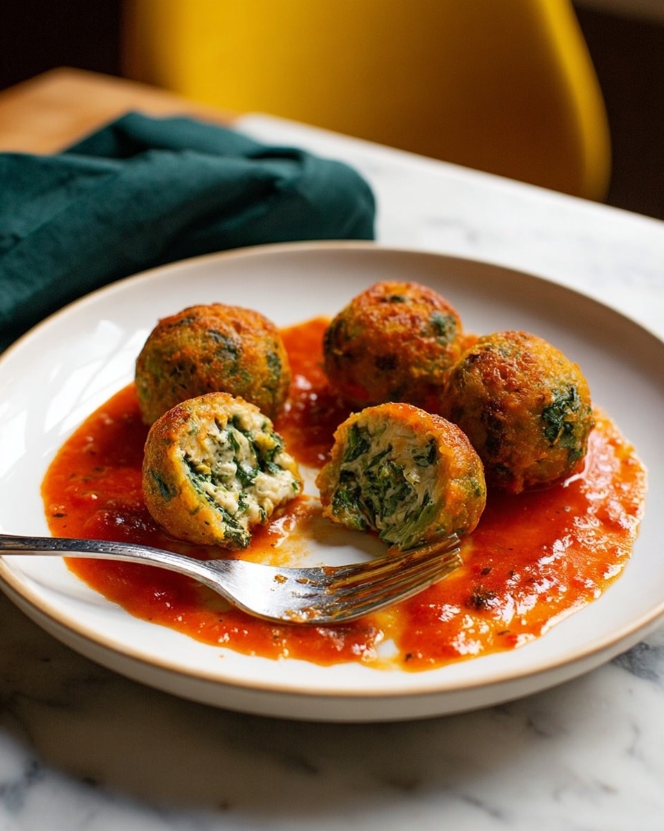A round white plate holds six golden-brown balls covered in a shiny orange sauce with small red bits, arranged in a circle with one split open to show a creamy green and white filling inside. The split ball is pierced and held by a silver fork at the bottom of the plate, resting on a white marbled surface. The sauce pools around the balls, adding a glossy, slightly thick texture. photo taken with an iphone --ar 4:5 --v 7