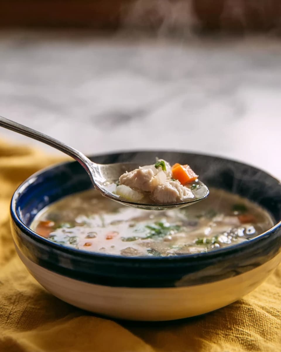 A close-up image of a spoon holding clear soup with small white chunks of meat, orange carrot pieces, and some green herbs floating in it, rising above a round white bowl that has a dark blue rim. The bowl sits on a yellow cloth with steam rising from the soup, suggesting it is hot. The background is a white marbled texture. Photo taken with an iphone --ar 4:5 --v 7