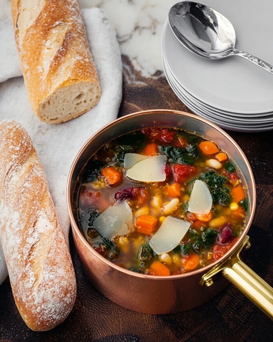 The image shows a copper-colored pot filled with a clear soup with different colorful ingredients visible inside. At the base, there is a broth with orange carrot pieces and green leafy vegetables. White beans are scattered throughout, along with chunks of red tomato and some translucent pasta sheets that lay flat on the surface. The pot sits on a white marbled surface, enhancing the rich colors of the soup inside. photo taken with an iphone --ar 4:5 --v 7