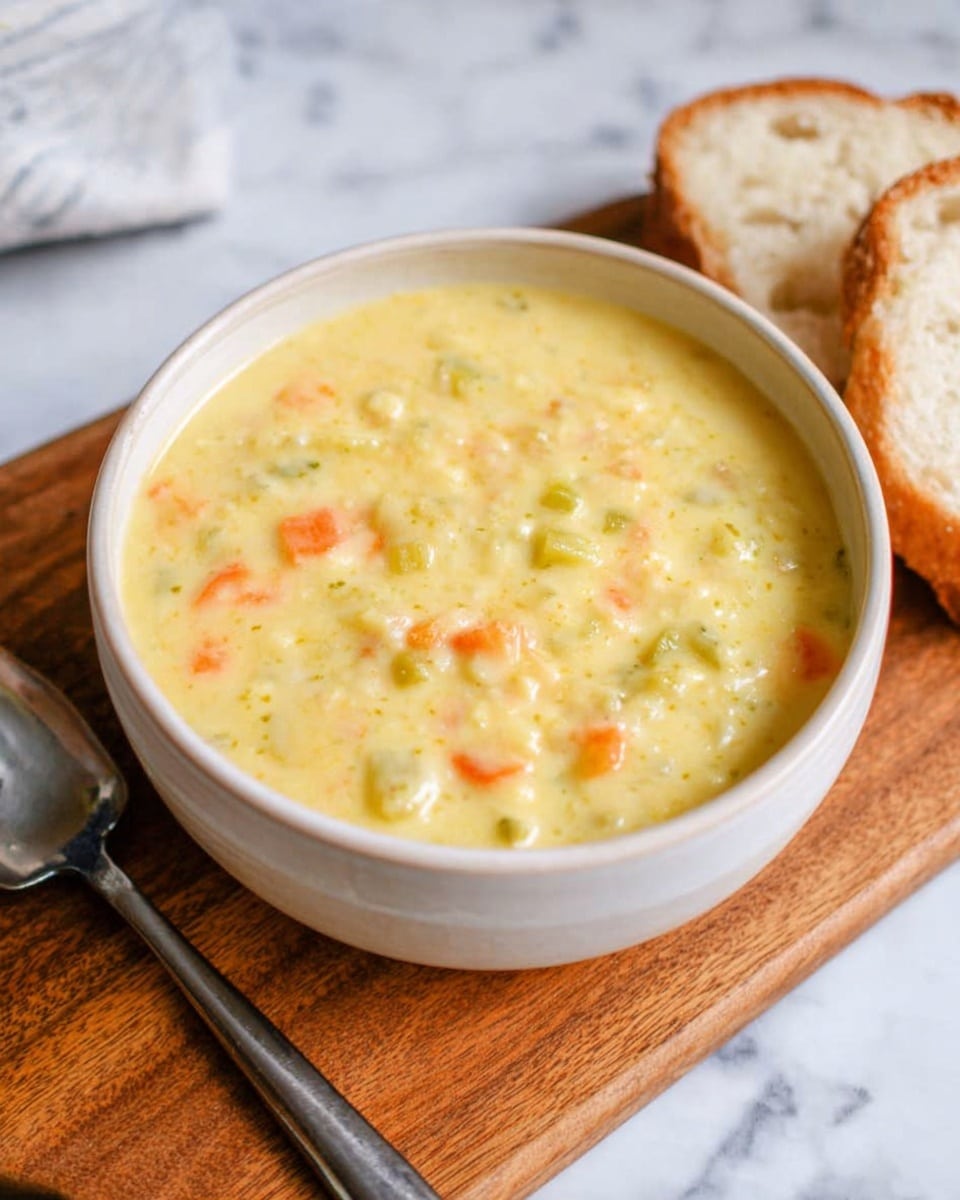 A white bowl filled with thick, creamy, pale yellow soup that has small, soft pieces of orange carrot and green celery mixed throughout. The bowl sits on a wooden board with two slices of crusty bread placed at the top right corner. A silver spoon lies to the left side of the bowl on the wooden board. The background is a white marbled texture. Photo taken with an iphone --ar 4:5 --v 7