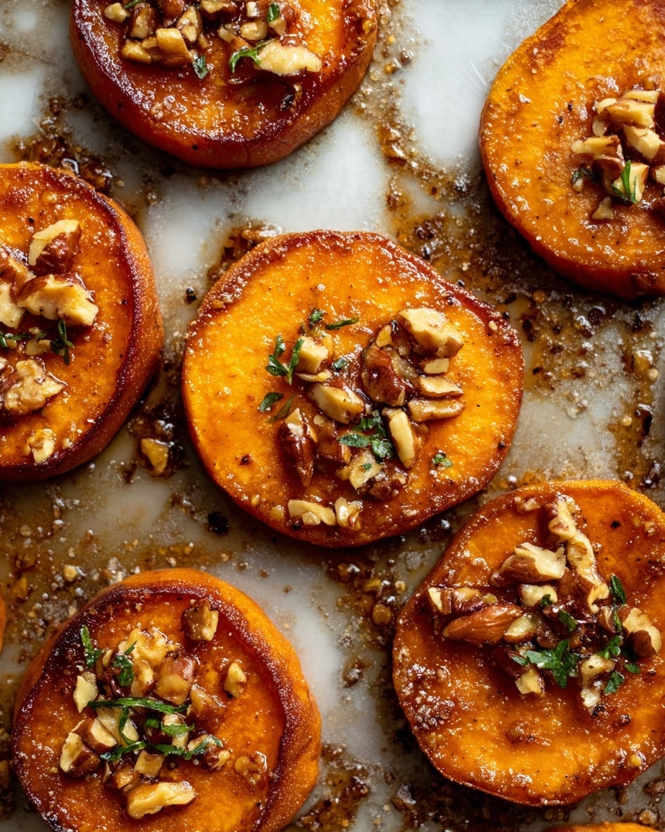 The image shows several round, golden-brown slices of roasted sweet potatoes arranged closely on a baking tray. Each slice is topped with small pieces of chopped nuts and fresh green herbs, all coated in a shiny, sticky glaze that makes the surface glisten. The sweet potato edges are slightly crisp and darker than the softer, orange centers. The baking tray has browned spots and a slightly oily texture, contrasting with the bright orange of the sweet potatoes. The background is a white marbled texture. photo taken with an iphone --ar 4:5 --v 7