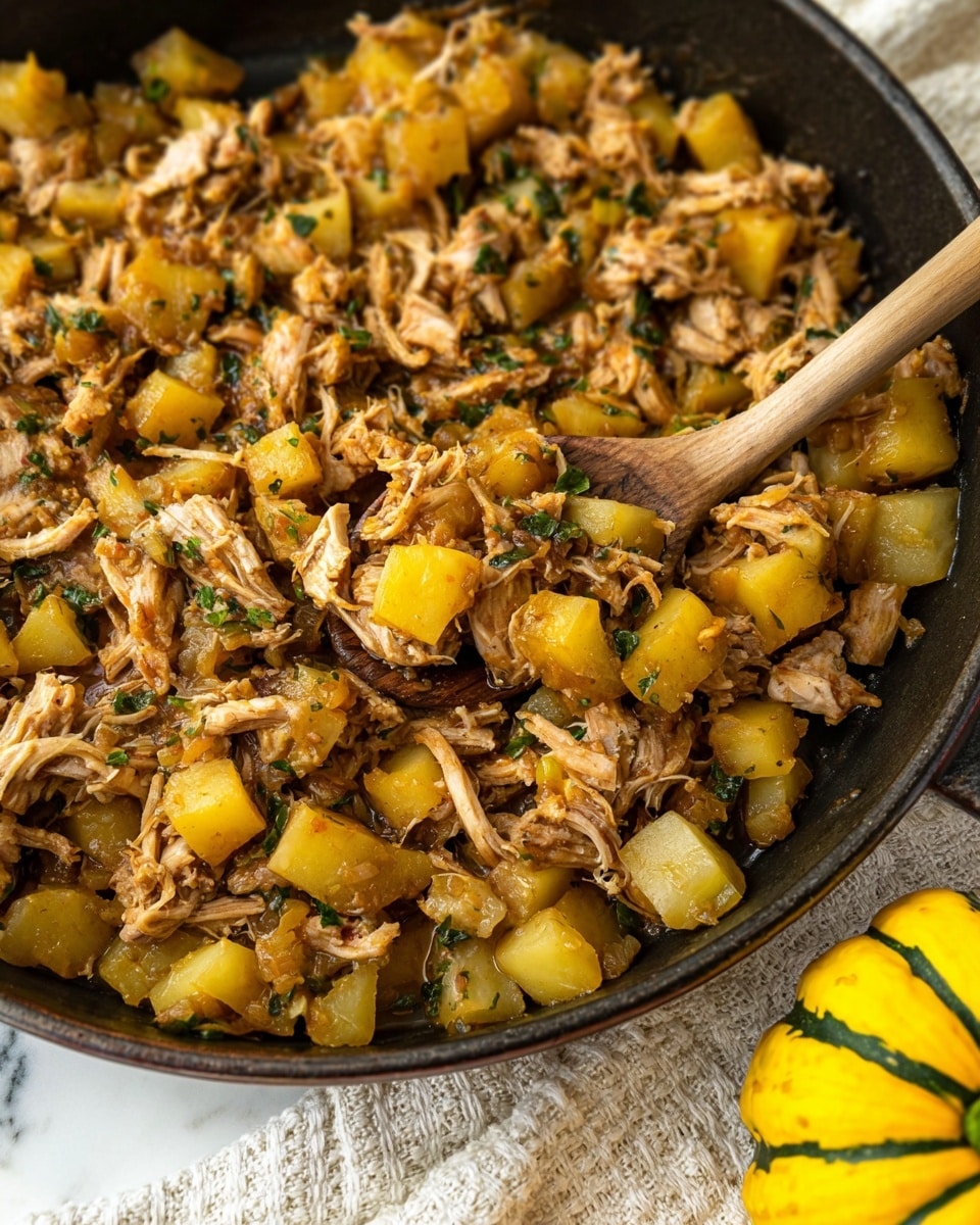 A close-up image of a dark cast iron pan filled with a cooked mixture of shredded light brown meat and small yellow cubed potatoes with specks of green herbs scattered throughout. A wooden spoon with a light brown handle is inside the pan, scooping some of the meat and potatoes. The pan is set on a white marbled surface with a textured white cloth underneath. A small yellow striped squash is partially visible in the lower corner. Photo taken with an iphone --ar 4:5 --v 7