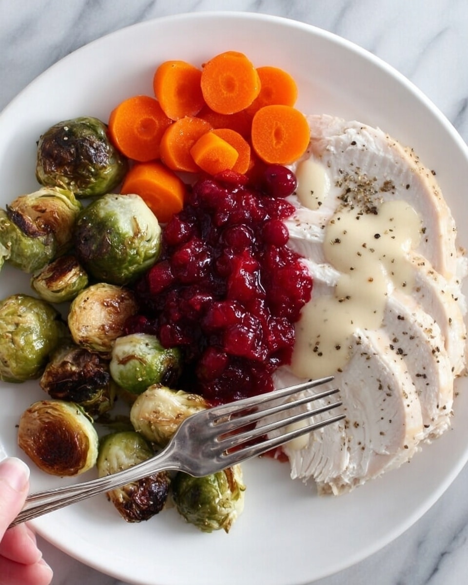 The dish shows a white plate on a white marbled surface with four clear sections of food. In the lower left, there are many roasted green Brussels sprouts with dark brown char spots. Above them, small round orange carrot slices are placed in a pile. In the center, bright red cranberry sauce with whole berries is spread unevenly, slightly mixing onto the turkey slice. On the right side, there is a light beige slice of turkey covered with creamy white gravy, sprinkled lightly with black pepper. A silver fork held by a woman's hand is touching the turkey near the cranberry sauce. Photo taken with an iphone --ar 4:5 --v 7