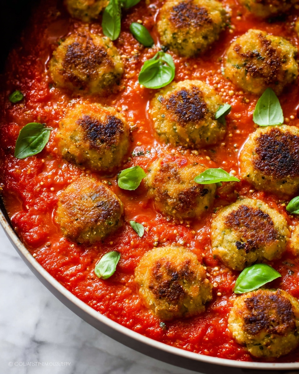 A close-up view of a skillet showing one layer of chunky bright red tomato sauce spread evenly at the bottom, topped with a layer of white melted cheese with stringy texture scattered all around. On top of this, there are about a dozen golden brown crispy fried balls, evenly spaced, with a rough and crunchy surface. Small fresh green basil leaves are scattered on the cheese and near the fried balls, with a few whole basil sprigs placed in the front part of the skillet. The skillet is set on a white marbled surface. photo taken with an iphone --ar 4:5 --v 7