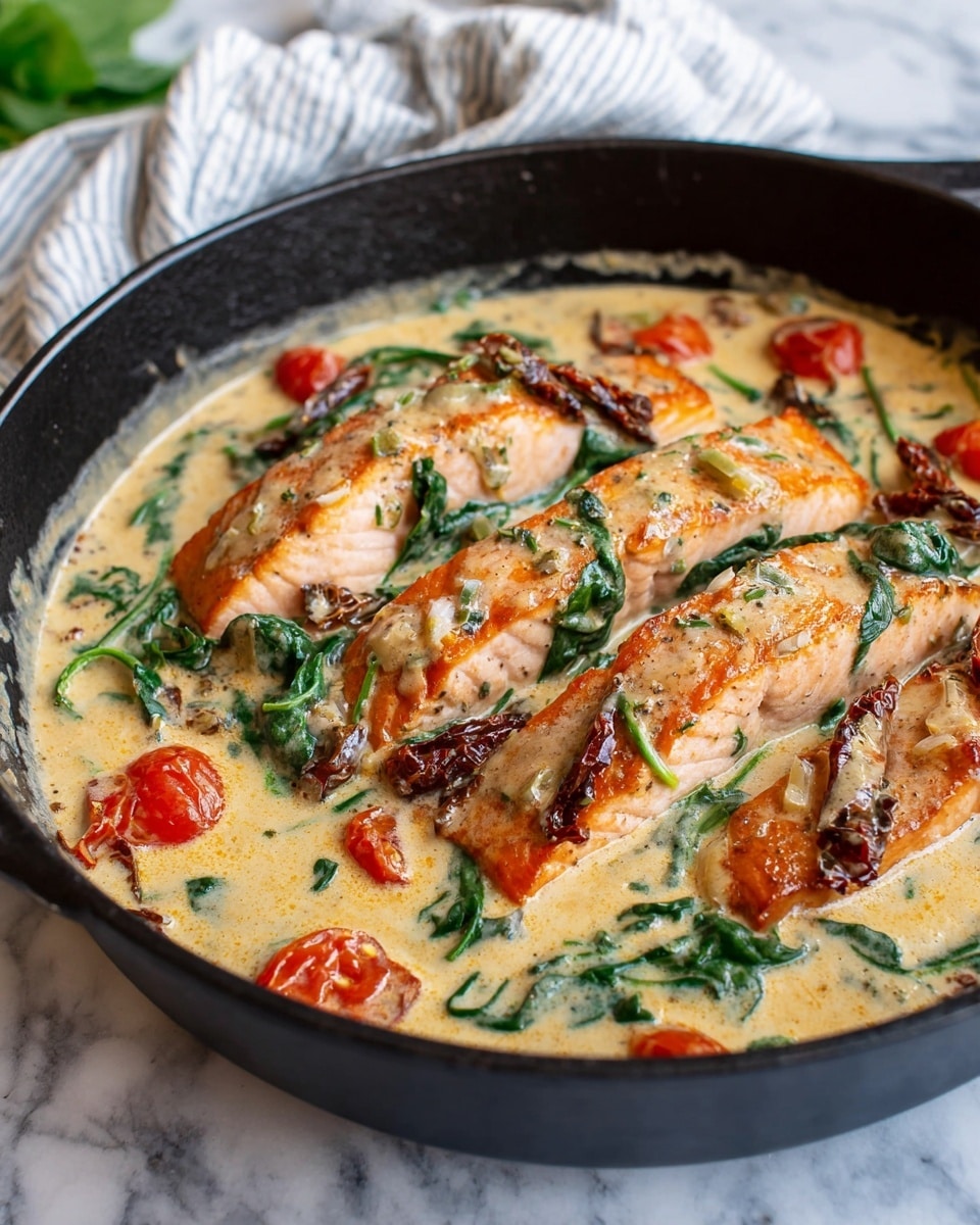 A close-up view of a black cast iron pan with four pieces of cooked salmon laid side by side, surrounded by a creamy beige sauce filled with green spinach leaves, small red cherry tomatoes, and pieces of dark brown sun-dried tomatoes, all resting on a white marbled surface with a white and blue striped cloth in the background. The salmon pieces have a crispy golden skin layer with a pink, flaky texture underneath, and the sauce is thick with visible herbs and garlic bits. Photo taken with an iphone --ar 4:5 --v 7