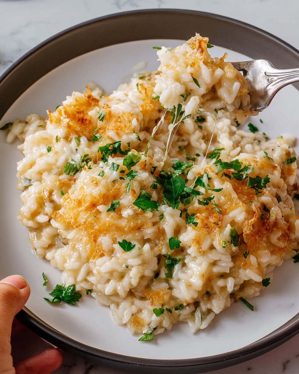 A black plate holds a dish with one main layer of cooked white rice mixed with light golden crispy bits and small green parsley pieces scattered throughout. On top, there are several light brown grilled chicken strips with a slightly charred texture. The rice looks fluffy with some browned edges, and there is a sprinkling of grated cheese over the rice and chicken. A silver fork is placed on the right side of the plate, resting on the rice. The plate sits on a white marbled surface. Photo taken with an iphone --ar 4:5 --v 7