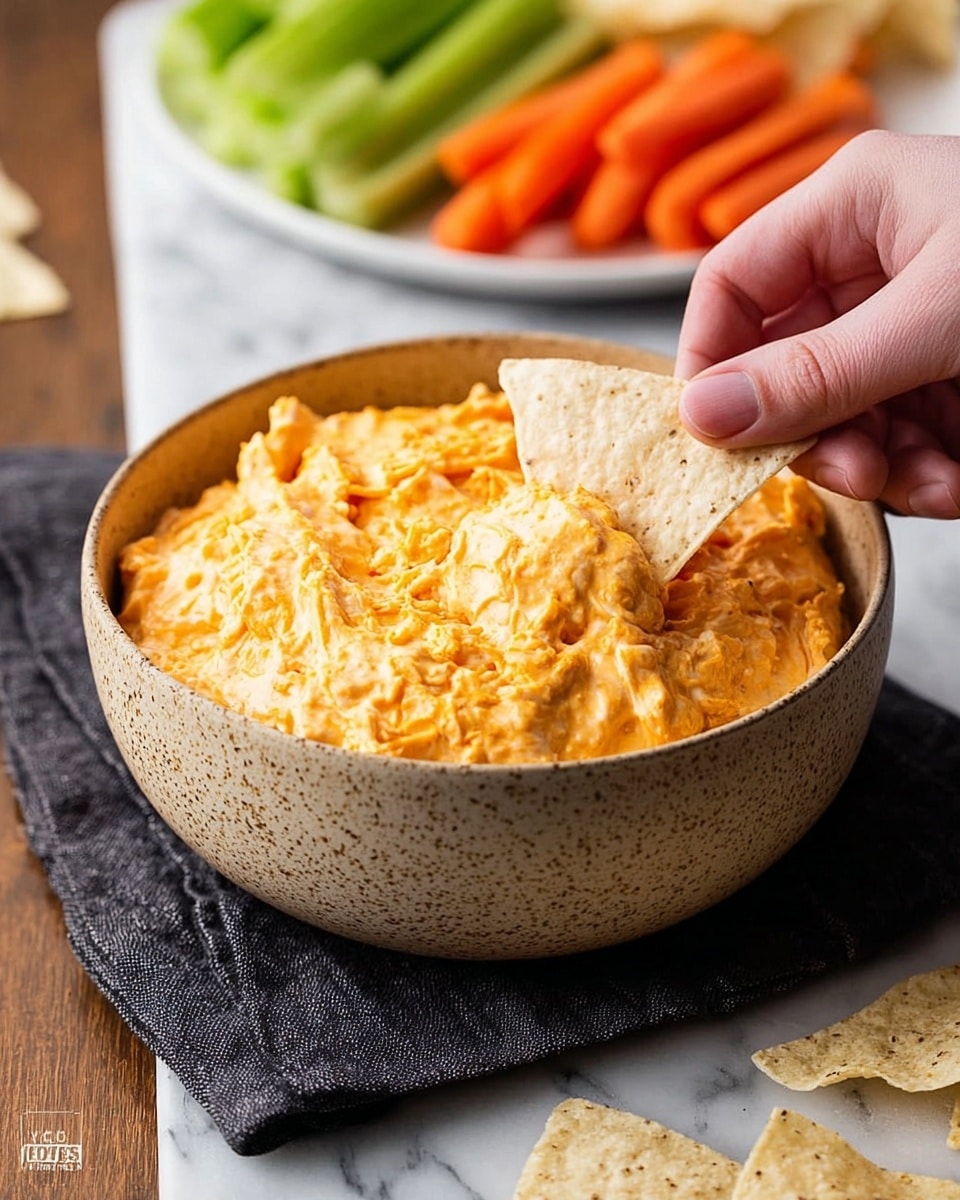 A speckled beige bowl filled with thick, creamy orange cheese dip with visible shredded texture, a woman's hand is dipping a light beige triangular chip into it. The bowl sits on a dark cloth next to some scattered chips on a white marbled surface. In the background, a round white plate holds bright orange carrot sticks and green celery sticks. photo taken with an iphone --ar 4:5 --v 7