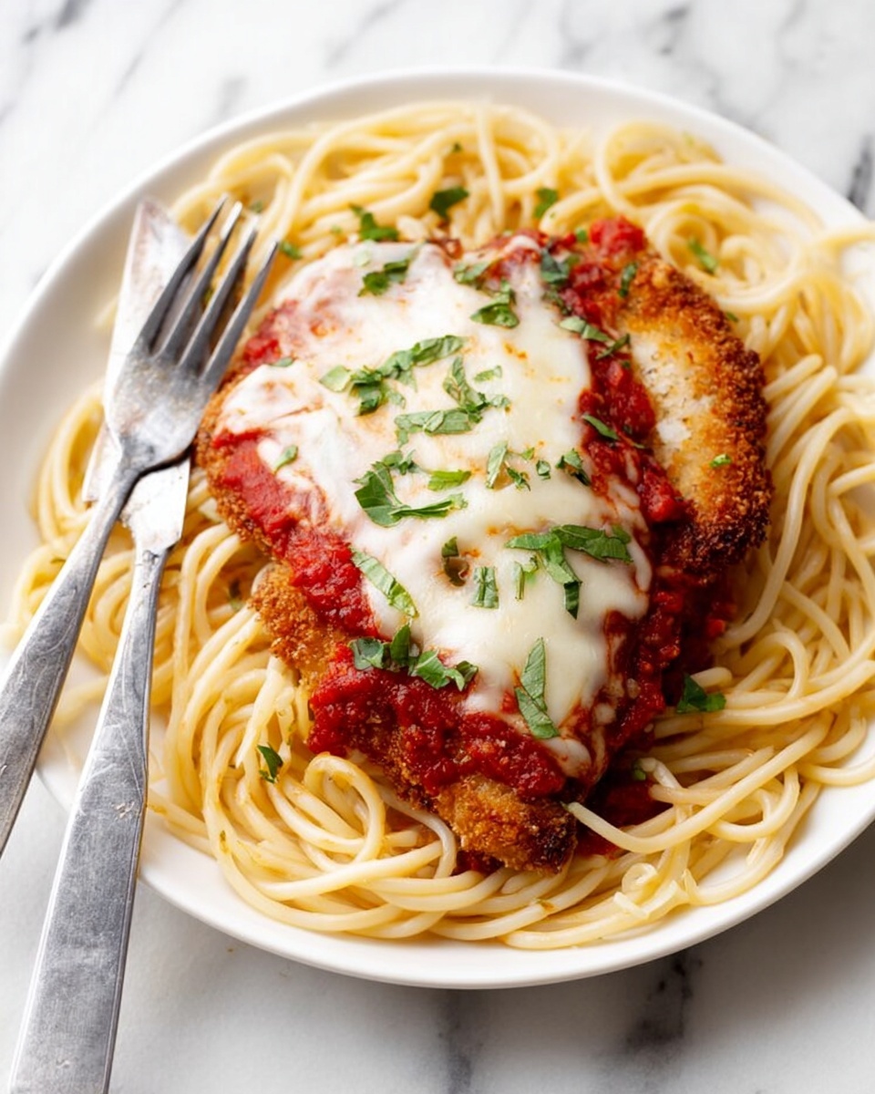 A white plate holds a serving of spaghetti pasta, pale yellow and soft in texture, spread in a neat circular layer. On top of the pasta, there is a crispy, golden-brown breaded cutlet, partially covered with a thick red tomato sauce. Melted white cheese sits on the cutlet, slightly bubbling and stretching over the edges. Small green herb leaves are sprinkled over the cheese, sauce, and pasta, adding a touch of color. A fork and knife are placed on the left side of the plate, resting on the white marbled surface beneath. photo taken with an iphone --ar 4:5 --v 7