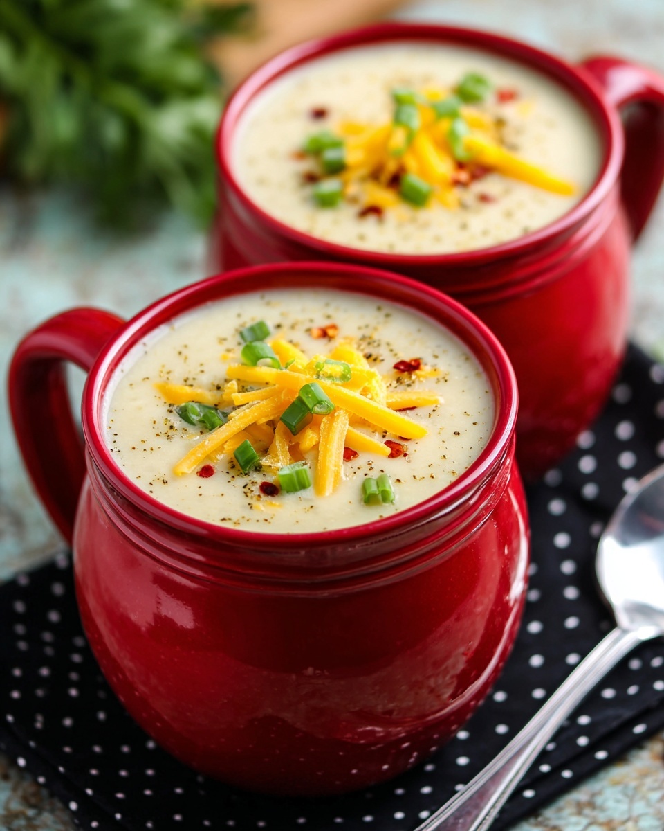 Two red mugs filled with creamy light beige soup are seen from above. Each mug has a rough texture and a handle on the side. The soup is topped with a small pile of bright orange shredded cheese, scattered green onion slices, and a few red pepper flakes. The mugs sit on a dotted black and white cloth on a white marbled surface with blurred leafy green herbs and old silver spoons nearby. photo taken with an iphone --ar 4:5 --v 7