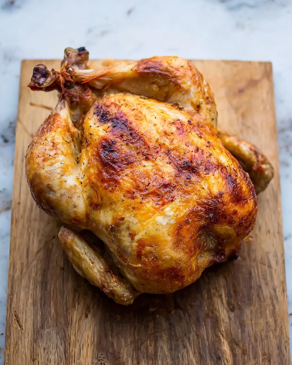 A whole roasted chicken with golden brown and crispy skin sits on a wooden cutting board, showing its rounded body with the wings tucked close and the legs pointing upward. The rich, warm shades of the cooked skin have slight darker spots from roasting, highlighting its texture and juiciness. The background is a white marbled texture, giving a clean contrast to the rustic look of the chicken and the board. photo taken with an iphone --ar 4:5 --v 7