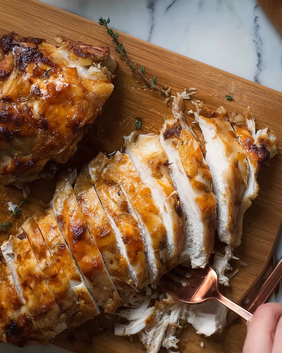 The image shows sliced cooked chicken with golden brown skin on top and white meat inside, arranged in a row on a wooden cutting board. Near the sliced chicken, there is a piece of untouched chicken with the same golden skin. Small pieces of shredded chicken are scattered around. Next to the chicken, there is a copper fork with a woman's hand holding it, about to pick up a piece. The background surface is white marble. Photo taken with an iphone --ar 4:5 --v 7