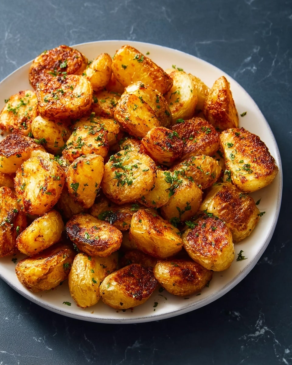 A white plate filled with pieces of golden roasted potatoes, each piece showing a crispy, browned exterior with a soft, pale yellow inside. The potatoes are sprinkled with finely chopped green herbs, adding a fresh touch. The plate rests on a white marbled textured surface, and the lighting highlights the contrast between the crispy crust and the soft texture of the potatoes. photo taken with an iphone --ar 4:5 --v 7