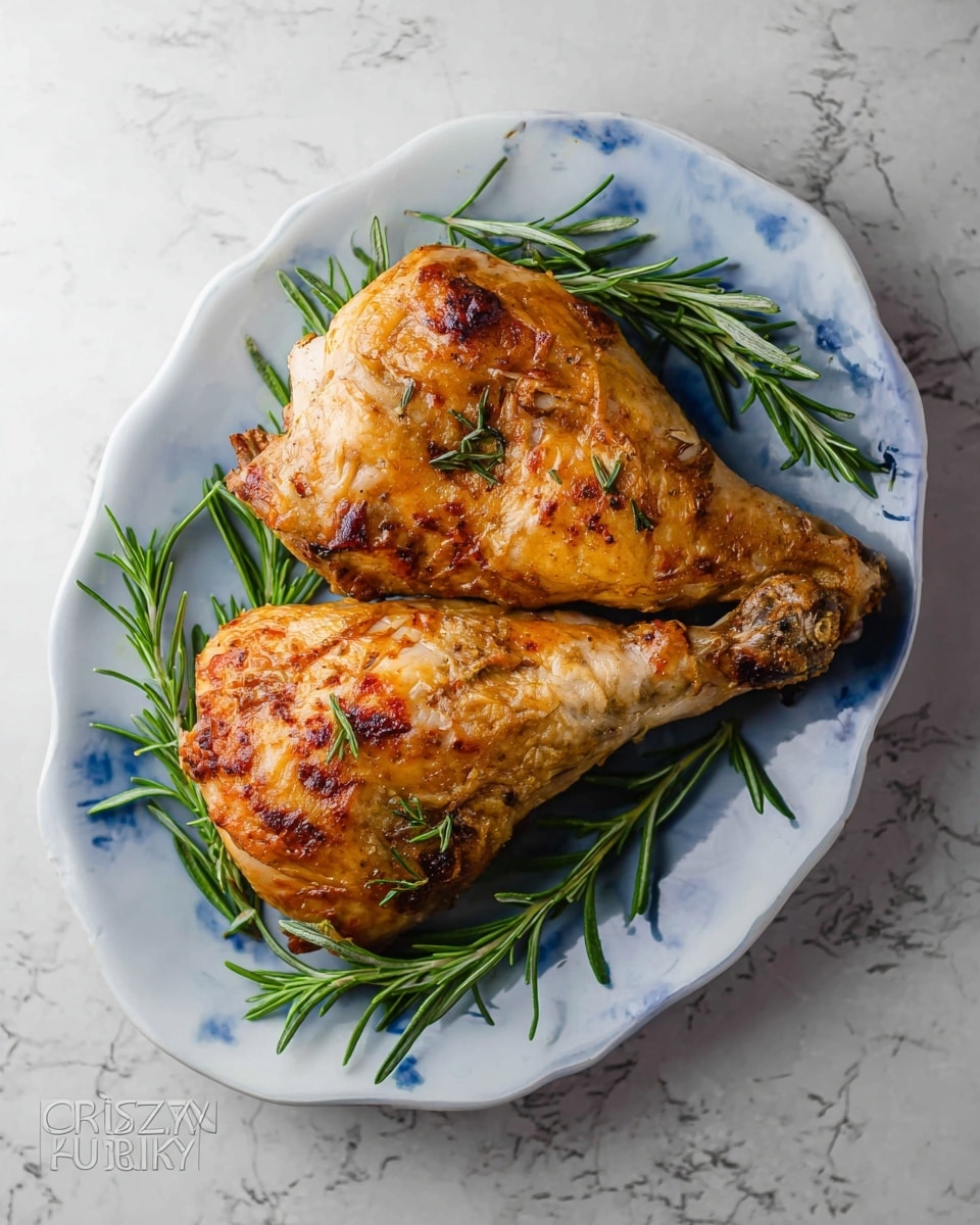 Two large pieces of grilled chicken legs with a golden-brown color and some charred marks sit on a white plate. The chicken is garnished with small green rosemary leaves scattered on top and fresh rosemary sprigs placed around the edges of the plate. The plate rests on a white marbled surface with a blue cloth napkin in the background and a fork and knife placed beside it. The chicken looks juicy with a slightly shiny texture. photo taken with an iphone --ar 4:5 --v 7