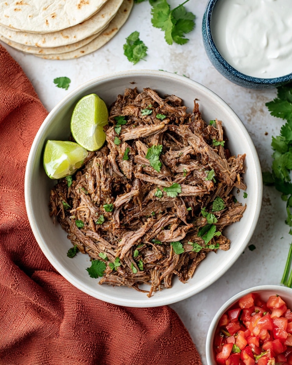 A white bowl filled with shredded brown meat topped with small green leaves, likely cilantro, and two lime wedges resting on the top left side of the meat. The bowl sits on a white marbled textured surface with a rust-colored cloth napkin underneath, extending on the left side. To the left of the bowl, there are soft, white tortillas stacked partially visible. In the top right corner, there is a small blue bowl filled with white creamy sauce, and at the bottom right, a white bowl holds chopped red tomatoes. Fresh cilantro leaves are scattered near the tomato bowl on the surface. Photo taken with an iphone --ar 4:5 --v 7
