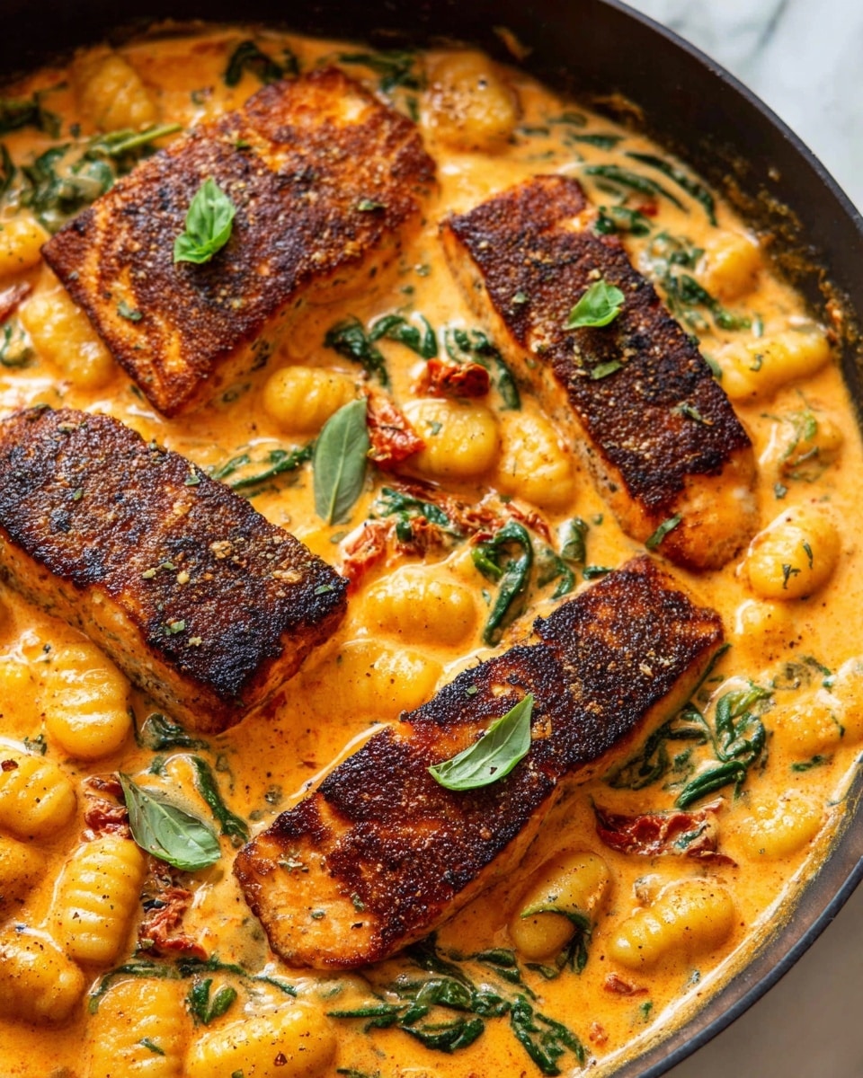 This dish has two main layers on a white plate with a thin brown rim, placed on a white marbled surface. The bottom layer is a creamy orange sauce filled with soft gnocchi pieces that are small, rounded, and covered in the sauce, mixed with some wilted dark green spinach leaves. The top layer is a long, rectangular piece of golden brown grilled fish with a textured, slightly charred crust. A few fresh green basil leaves are scattered on top and around the dish. A silver fork rests on the right edge of the plate. Photo taken with an iphone --ar 4:5 --v 7
