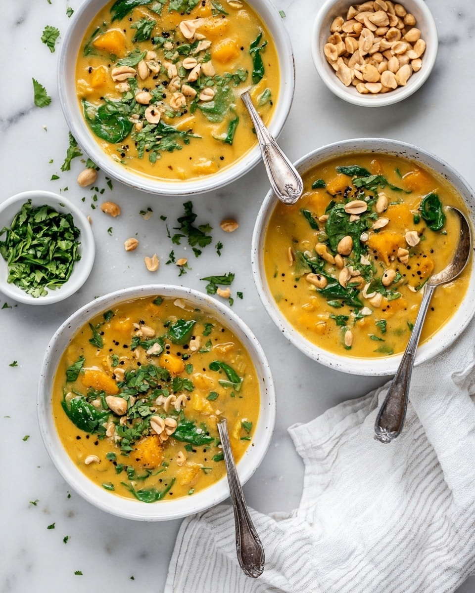 The image shows three white bowls filled with a thick yellow-orange soup that has chunks of orange pieces and fresh green spinach leaves scattered on top. Each bowl is garnished with whole peanuts and finely chopped green herbs, with black pepper dots adding some contrast. One spoon is placed inside a bowl on the right, and another spoon lies between two of the bowls. The bowls sit on a white marbled surface sprinkled lightly with herbs and a few loose peanuts. To the side, there is a small white bowl filled with peanuts and another white bowl with chopped green herbs. A striped white cloth is folded near the bottom of the image. photo taken with an iphone --ar 4:5 --v 7