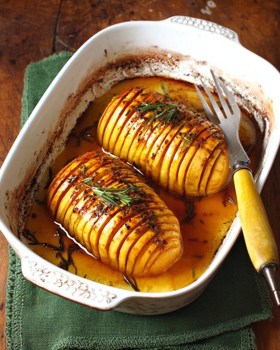 Two whole roasted hasselback squash are placed side by side in a white ceramic dish filled with golden-brown cooking juices with slightly burnt edges. Each squash is sliced thinly across the width, creating many even ridges, and topped with a small green sprig of rosemary. The dish rests on a green cloth with a decorative edge on a wooden surface. A fork with a yellow handle lies inside the dish at the top right. Photo taken with an iphone --ar 4:5 --v 7