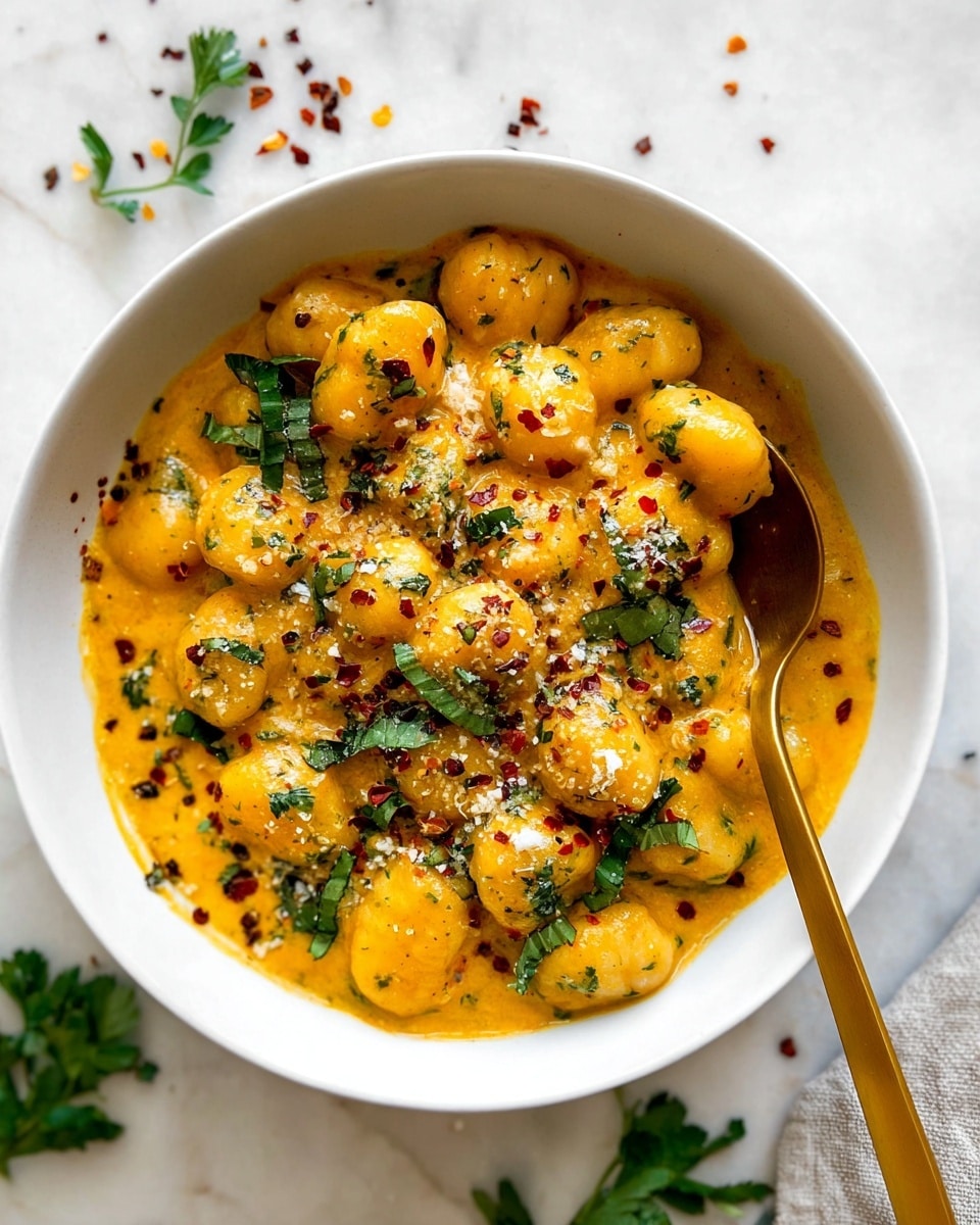 The image shows a white bowl filled with small rounded gnocchi covered in a thick, bright orange-yellow sauce. The sauce has a lightly creamy texture with some green herbs mixed in, giving it a speckled look. On top of the gnocchi are sprinkled red chili flakes, small green leafy parsley pieces, and a light dusting of grated white cheese. A gold spoon is partially inserted into the bowl, standing upright among the gnocchi. The bowl is placed on a white marbled surface with some scattered chili flakes and parsley leaves around it. photo taken with an iphone --ar 4:5 --v 7