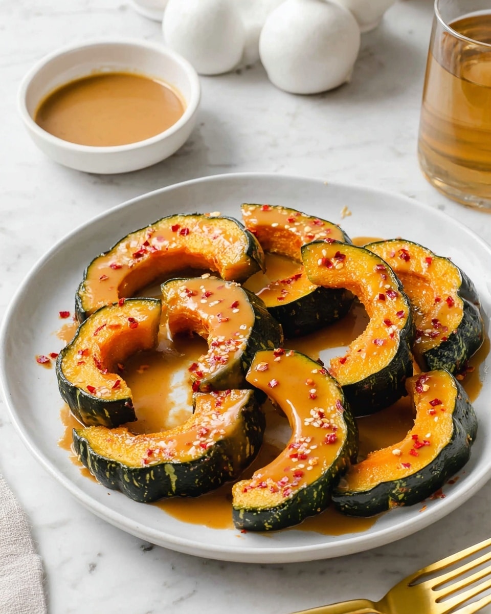 The image shows a white plate with ten slices of roasted kabocha squash arranged in a slightly overlapping circular pattern. Each slice has dark green, textured skin with a bright orange, smooth, and soft inside glazed with a shiny, thick, light brown sauce, sprinkled with small red chili flakes for decoration. On the left top corner, there is a small white bowl filled with more light brown sauce. The background is a white marbled surface, with a golden fork on the bottom right corner and a glass filled with light brown liquid towards the top right, with blurred white objects in the background. Photo taken with an iphone --ar 4:5 --v 7