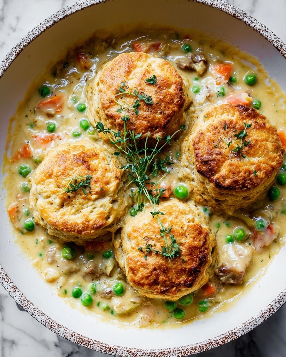 The dish shows four golden brown biscuits on top, each with a slightly crispy, textured surface and small sprigs of green herbs. Underneath and around the biscuits is a creamy sauce with visible chunks of orange carrots, bright green peas, and bits of browned meat, mixed with a smooth, pale yellow sauce that has a light glossy finish. The dish is served in a large white skillet with a speckled edge, placed on a white marbled surface. Photo taken with an iphone --ar 4:5 --v 7