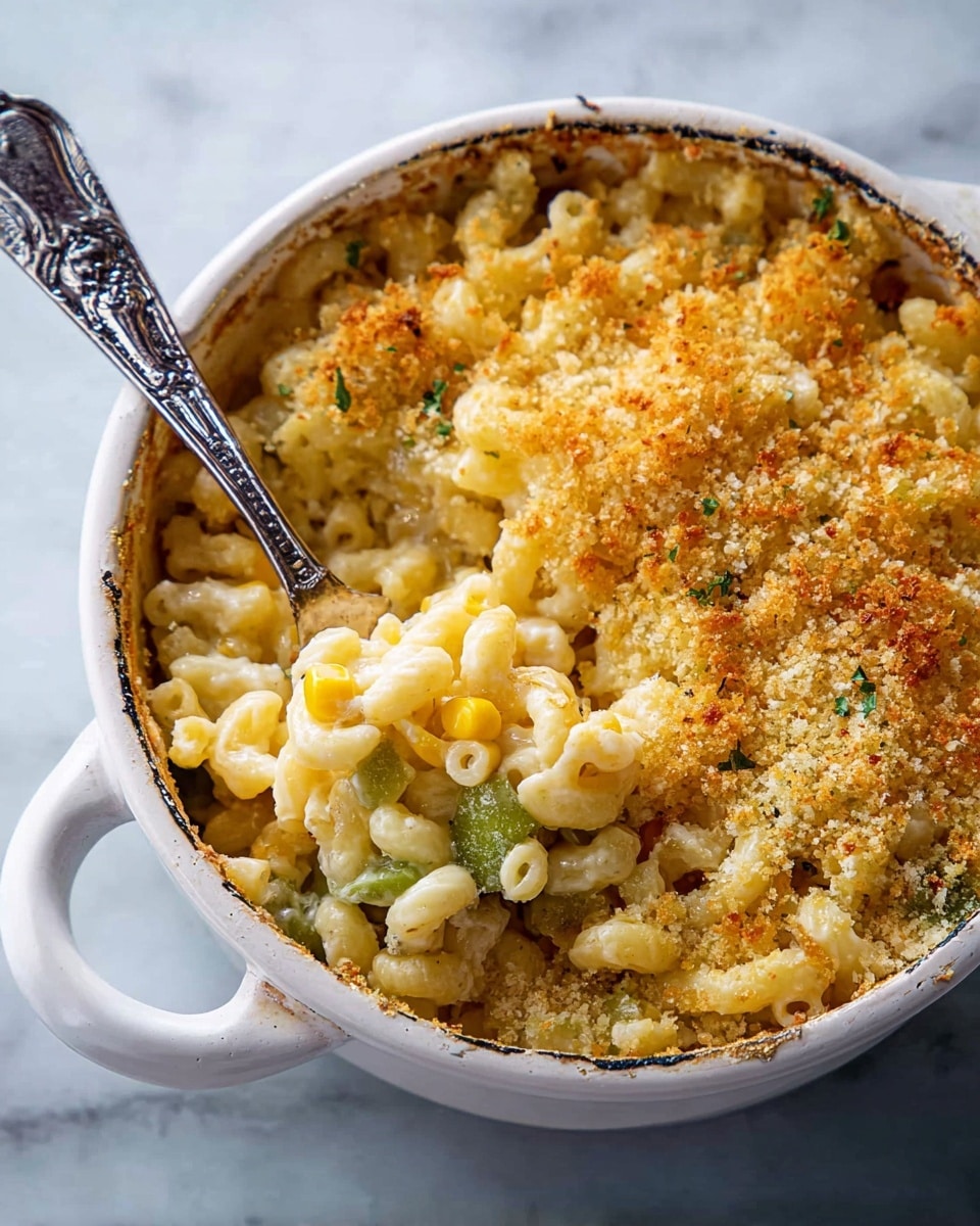 A round white ceramic casserole dish filled with a baked casserole, topped with a golden brown breadcrumb crust that looks crispy and unevenly browned, covering the top completely. The casserole underneath is creamy with hints of yellow corn and small green vegetable pieces visible just under the crust. The white casserole dish has small handles on each side and shows browned spots from baking around the inside edges. The dish is placed on a stove with a white marbled surface in the background. Photo taken with an iphone --ar 4:5 --v 7