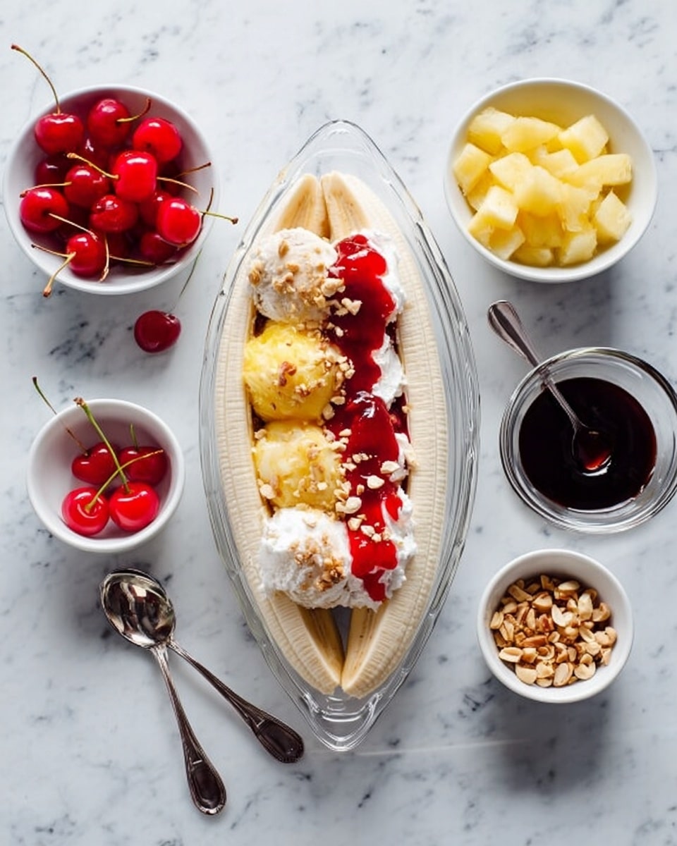 The image shows a clear glass boat-shaped dish holding a banana split with three peeled banana halves forming the base along the sides. Inside the banana layers, there are three scoops or dollops of different toppings: one yellow with pineapple chunks, one red with strawberry sauce, and one white with whipped cream topped with red cherries and sprinkled with crushed nuts. Surrounding the dish on a white marbled surface are several small white bowls containing more pineapple chunks, bright red cherries with stems, crushed nuts, and a dark syrup, each with a spoon for serving. The arrangement is clean and colorful, with the textures of fruit, cream, and nuts clearly visible. photo taken with an iphone --ar 4:5 --v 7