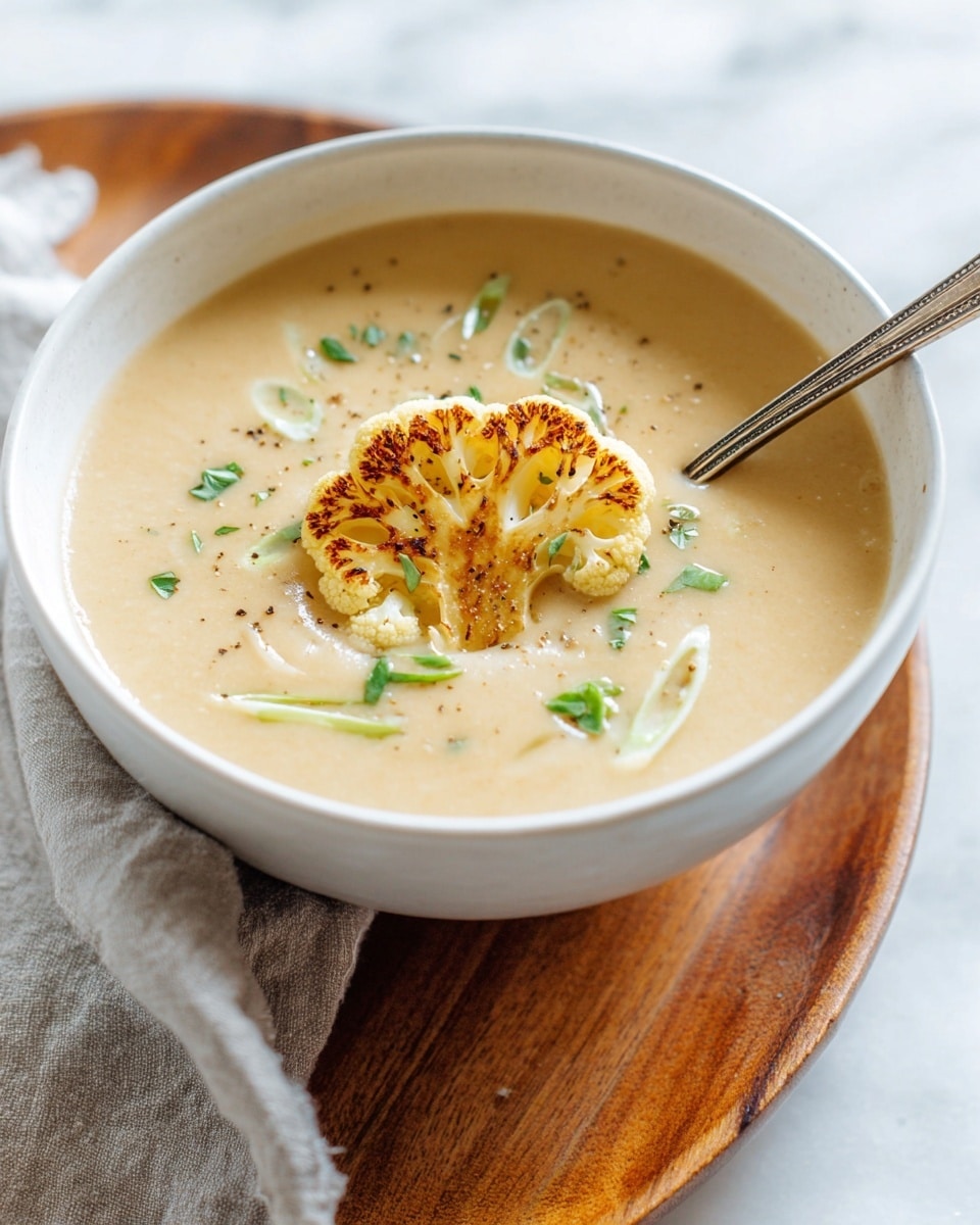 A smooth, creamy light beige soup fills a white bowl, topped with a single golden-brown roasted cauliflower slice in the center. Small bits of green herbs and thin slices of green onion are scattered over the surface, along with a light sprinkle of black pepper. A vintage silver spoon stands inside the bowl and a folded light gray cloth rests underneath it on a warm wooden tray, all set against a white marbled surface photo taken with an iphone --ar 4:5 --v 7