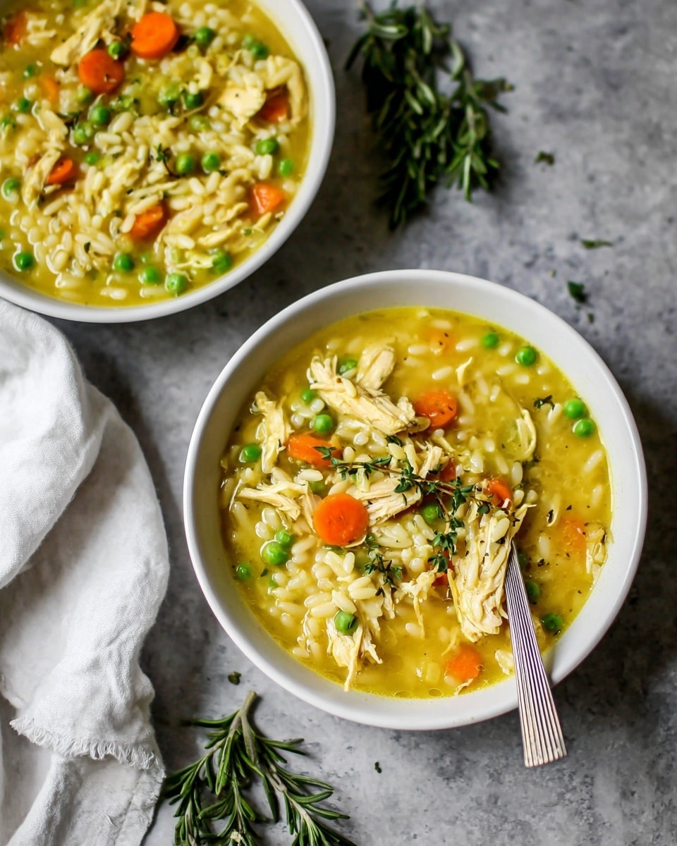 The image shows two white bowls filled with a thick yellow soup containing small white pearl-like pasta, shredded light-colored chicken, bright orange carrot slices, and green peas, all mixed together in a broth. In the closer bowl, a silver spoon with stripes is placed inside the soup. The bowls rest on a gray textured surface, with a white cloth partially visible on the left side near some green rosemary sprigs. The photo taken with an iphone --ar 4:5 --v 7