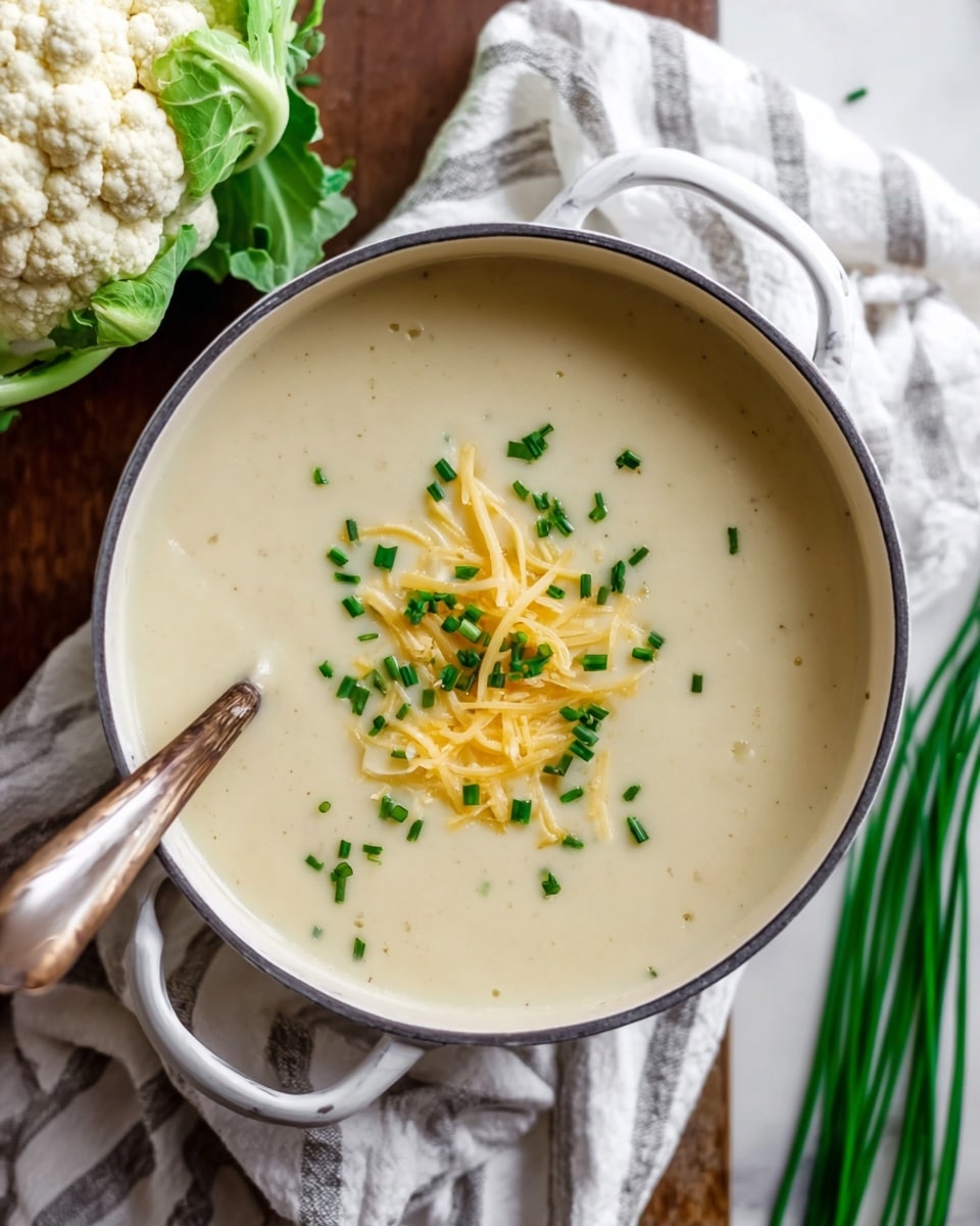 A white pot filled with creamy beige soup topped with small light yellow cheese shreds and bright green chopped chives scattered mostly in the center. A bronze spoon rests inside the pot on the left side. The pot sits on a white cloth with thin gray stripes and is placed on a brown wooden surface. Near the pot, a fresh cauliflower with green leaves is visible on the upper left, and some green chives are partially visible on the lower right corner. The background is a white marbled texture. photo taken with an iphone --ar 4:5 --v 7