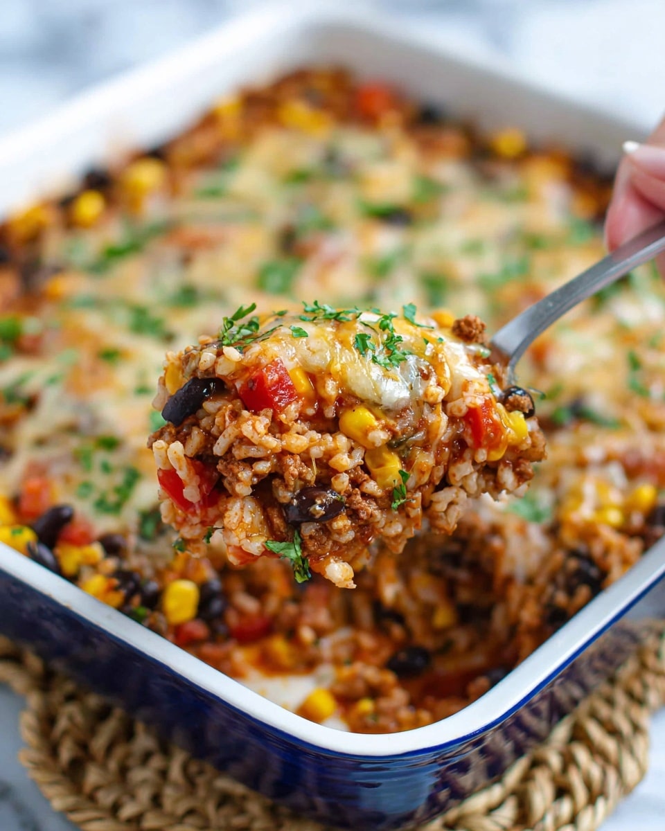 A close-up view of a layered casserole inside a white baking dish with a blue edge, placed on a shiny woven mat on a white marbled surface. The top layer looks like melted cheese with green chopped herbs sprinkled all over. A woman's hand is holding a metal spoon lifting a serving of the casserole, showing a mix of cooked rice, black beans, small yellow corn kernels, ground meat, red tomato pieces, and chopped green herbs all mixed together, making a colorful, textured scoop. The casserole has visible layers with melted cheese on top and a thick filling beneath. photo taken with an iphone --ar 4:5 --v 7