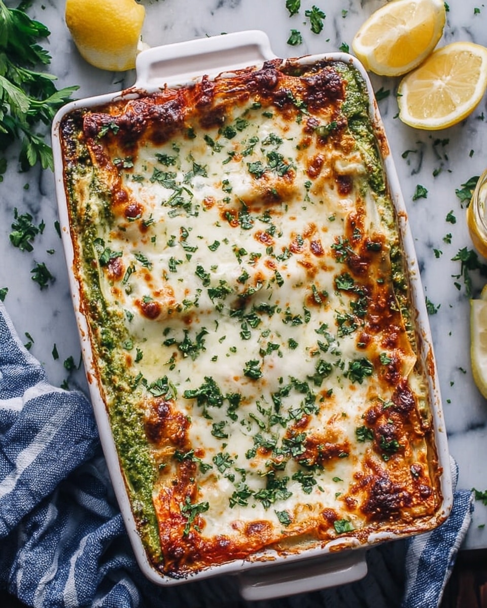 The image shows a rectangular white baking dish filled with a cheesy baked lasagna. The top layer is golden brown and bubbly melted cheese with hints of green herbs sprinkled evenly across it. Underneath, hints of a green sauce peek through the edges, likely pesto or spinach, sitting on a firm, slightly browned base. The dish rests on a white marbled surface with scattered bits of chopped herbs, lemon wedges on the side, and a striped blue and white cloth partially visible nearby. Photo taken with an iphone --ar 4:5 --v 7