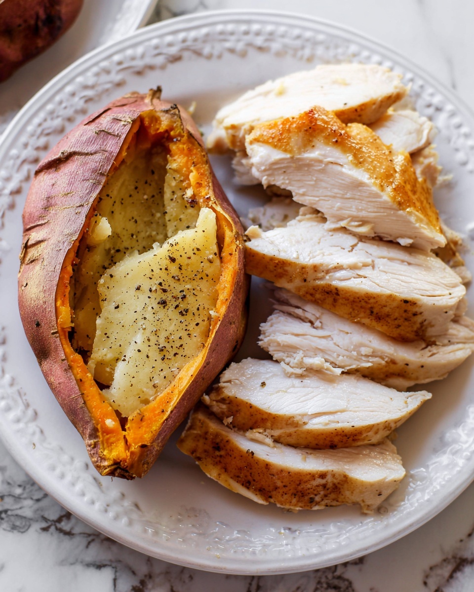 The image shows a white plate with two halves of a baked sweet potato placed on the left side; the sweet potato skin is a light brown with a slightly rough texture, while the inside is pale yellow and soft, sprinkled with small black pepper specks. On the right side of the plate, there are several slices of cooked chicken with a golden-brown, slightly crispy outer skin and moist, white inner meat with a smooth texture. The plate sits on a white marbled surface, giving a clean and bright look to the image. photo taken with an iphone --ar 4:5 --v 7