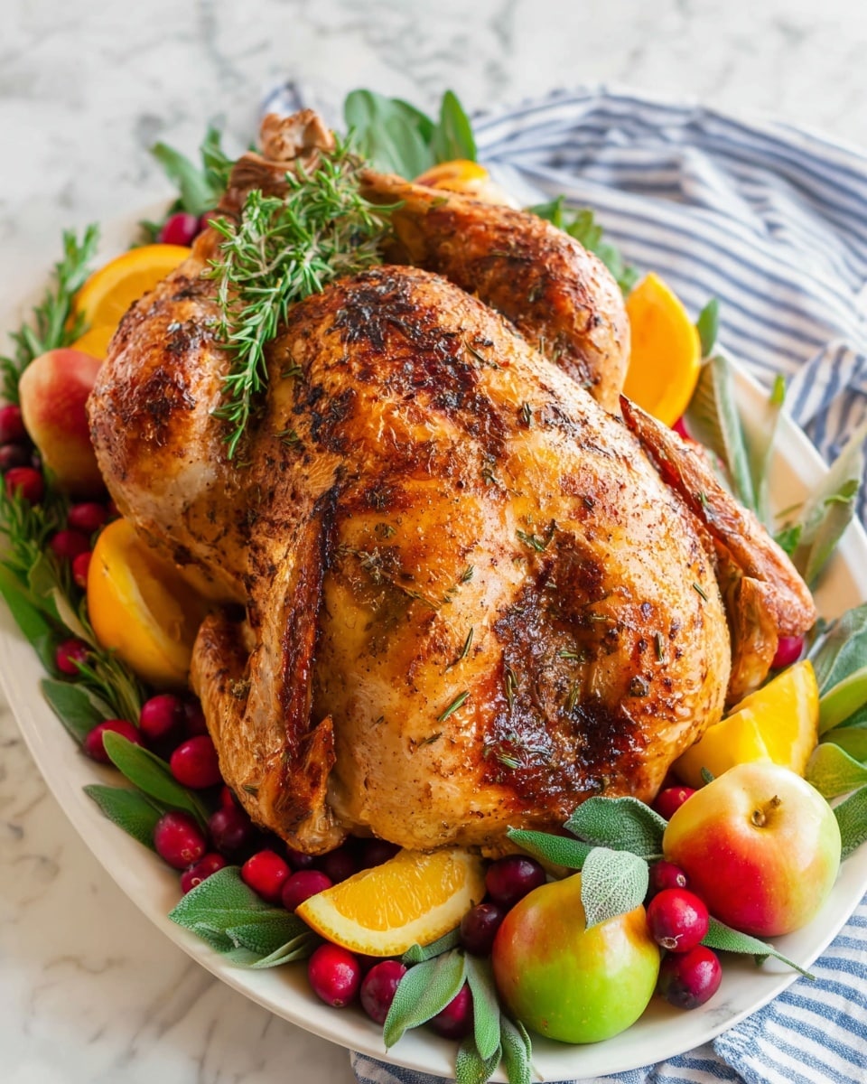 A clear glass gravy boat is filled with smooth, light brown gravy topped with a small sprig of green thyme. The gravy boat sits on a white marbled surface. In the blurry background, a large white plate holds several pieces of browned roasted meat surrounded by small whole green and red apples, bright orange wedges, and some red cranberries, adding color contrast. photo taken with an iphone --ar 4:5 --v 7